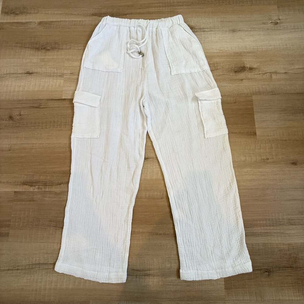 Blue Island White Cotton Gauze Cargo Pants Women’s Size Large Beach Lounge